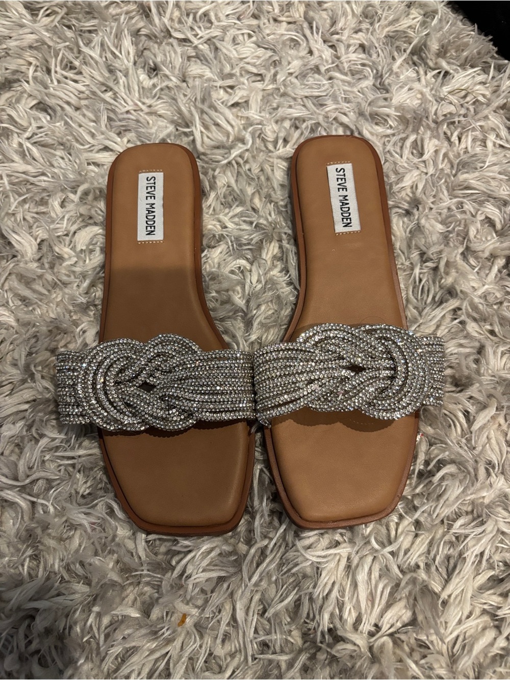 Steve Madden Silver Crystal Knot Slide Sandals - Tan Size 8M NWOT